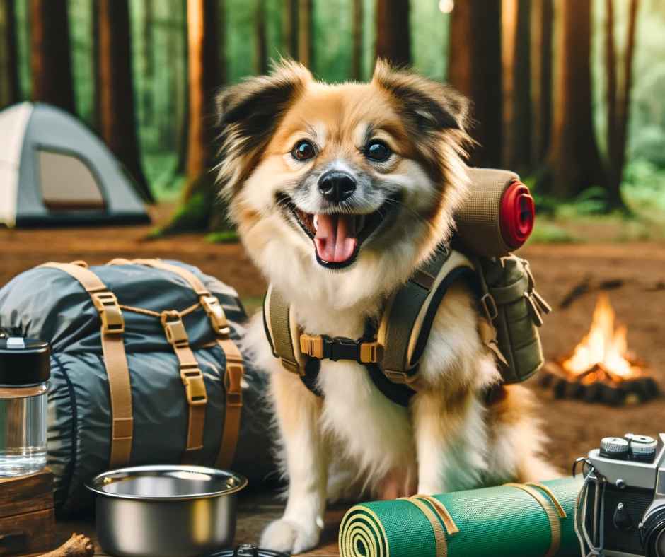 dog in camping camp with equipment